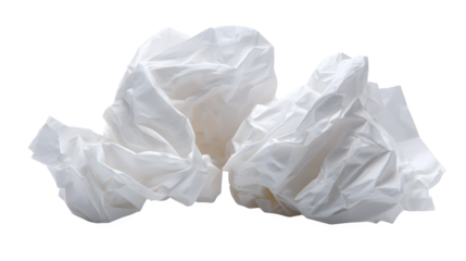 Soft white facial tissue paper crumpled into several used wads on a plain white background for hygiene or healthcare concepts with used tissue
