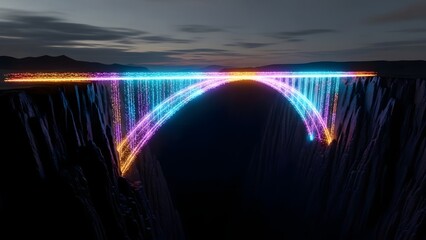 A luminous arch of digital stardust spans a treacherous abyss, serving as a powerful visual metaphor for innovation bridging the gap between the impossible and reality in a connected future