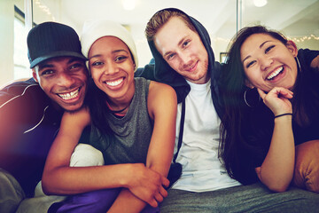 Portrait, dancing and people in studio, artist and creative club with streetwear, practice and hip hop. Group, men and women with support, rehearsal and excited with training, smile and teamwork