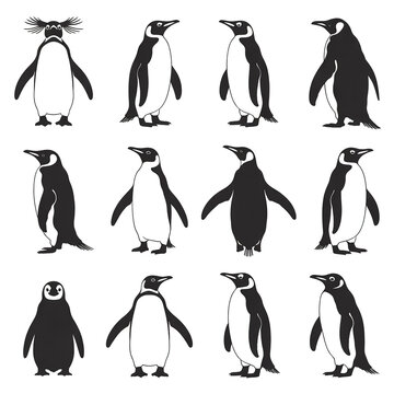 Penguin Wildlife Photos and Cartoon Character Illustrations Set Cute Antarctic Bird Graphics and Black White Silhouettes