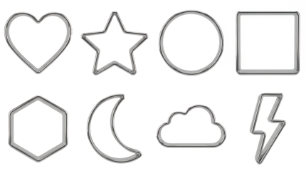 Chrome metallic cookie cutter set including heart star circle square hexagon moon cloud and bolt shapes isolated. outline frame collection.