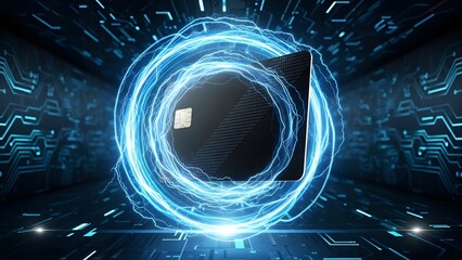A sleek credit card suspended within a vortex of electrified blue energy amidst a digital circuit tunnel, symbolizing the immense power and lightning-fast speed of modern fintech transactions