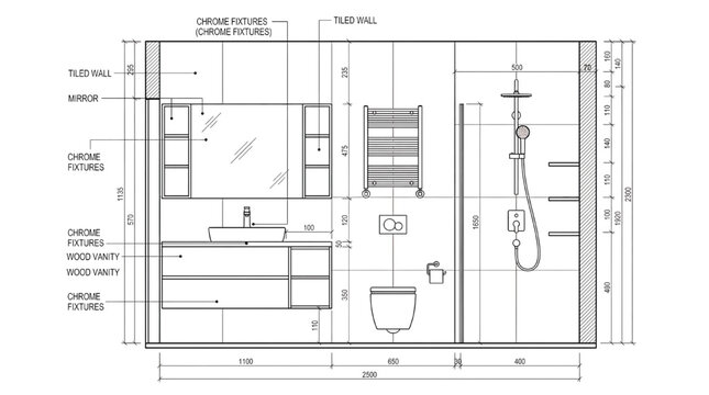 Detailed bathroom layout plan with fixtures and measurements