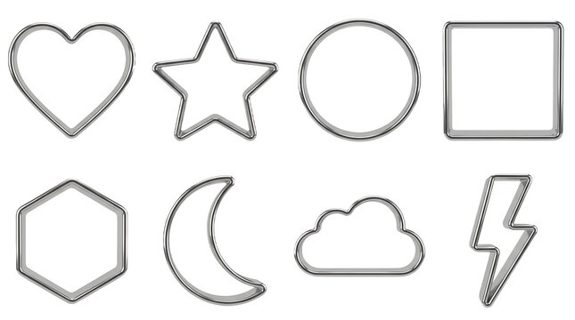 Chrome metallic cookie cutter set including heart star circle square hexagon moon cloud and bolt shapes isolated. outline frame collection.