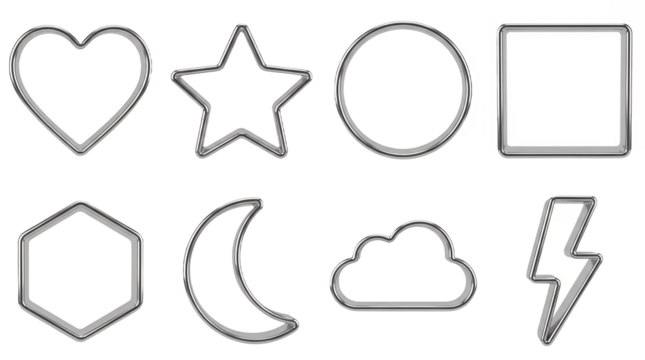 Chrome metallic cookie cutter set including heart star circle square hexagon moon cloud and bolt shapes isolated. outline frame collection. - Powered by Adobe