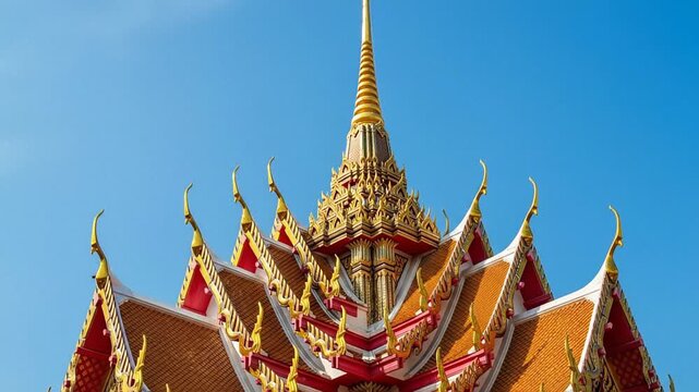 Ornate Thai temple roof with gilded spires under a clear blue sky and warm light.