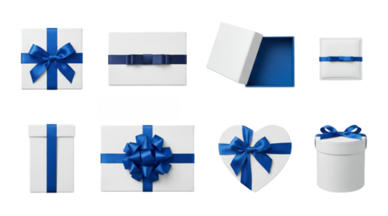 White gift box set including square, rectangular, heart, and round shapes with blue satin ribbons isolated. Holiday present and luxury packaging collection.