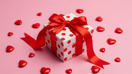 Red heart gift box on pink background