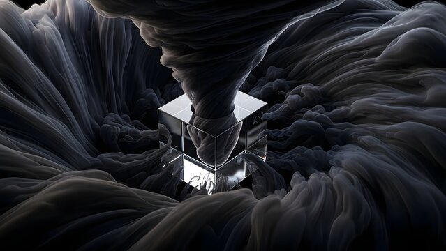 A transparent glass cube captures a spiraling tornado of dark smoke, representing the containment of chaos and the structuring of volatile forces within a controlled environment