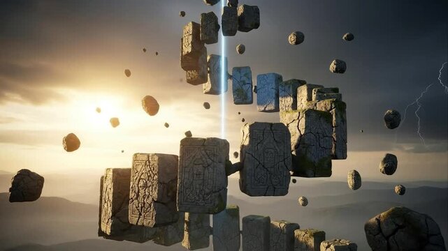 Abstract floating stone structures against dramatic sky with lightning