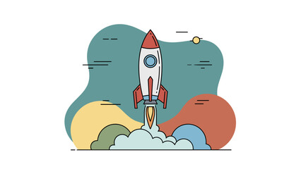 Colorful illustration of a rocket ship taking off into space with flames.