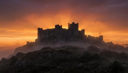 Ancient castle silhouette at sunset with dramatic sky and mist on Bastille Day