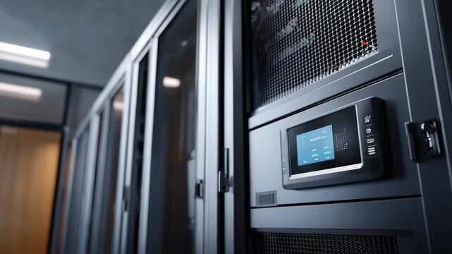High-Tech Data Center Equipment with Monitoring Display, Showcasing Secure Server Racks and Advanced Control Systems for Efficient Data Management