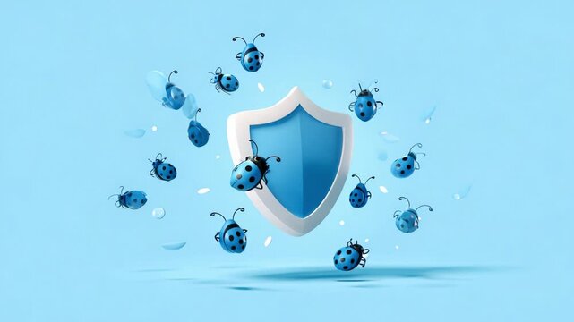 Colorful animation of blue ladybugs surrounding a protective shield against a light blue backdrop, representing safety, security, and digital protection elements.