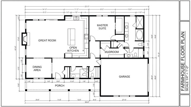 Farmhouse floor plan with great room, open kitchen, and master suite