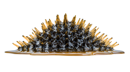 A floating blob of gold ferrofluid forms magnetic spikes on a white background with sci fi and futuristic and experimental and art and science
