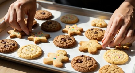 Hands arranging assorted cookies on a baking sheet with a mix of chocolate chip and gingerbread
