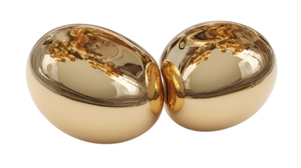 A floating blob of gold mercury splitting into two shiny reflective metallic orbs on white background with spheres and liquid and golden and separate