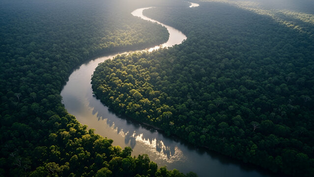 Lush Amazon River: Flowing Through Rainforest, Aerial View