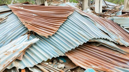 Crushed corrugated metal roofing sheets showing rust and weathered textures in a pile of debris