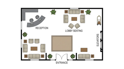 Modern office lobby floor plan with reception and seating area
