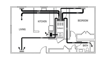 HVAC ductwork layout for small house with living, kitchen, bedroom