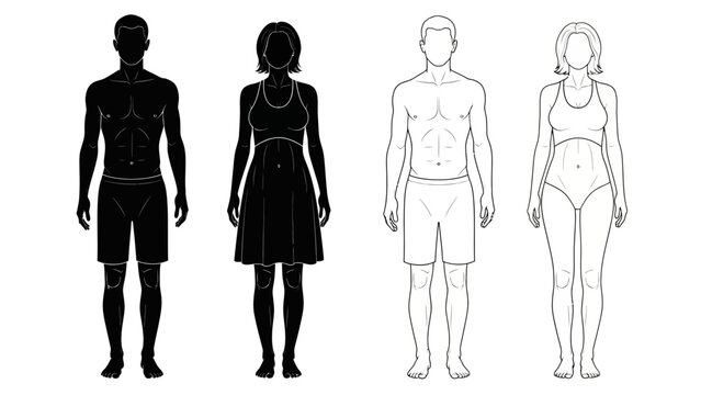 Silhouette and Outline Figures of Male and Female Diverse Body Types Standing