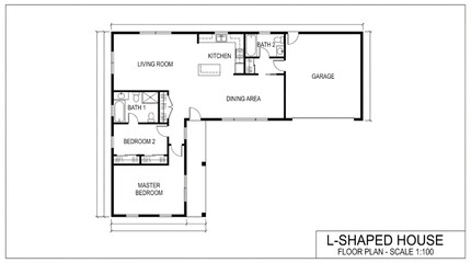 L-shaped house floor plan with modern layout and spacious rooms