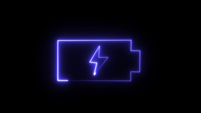 Blue Battery Neon  Icon with Lightning Bolt Symbol Glowing on Black Background, Digital Energy Concept