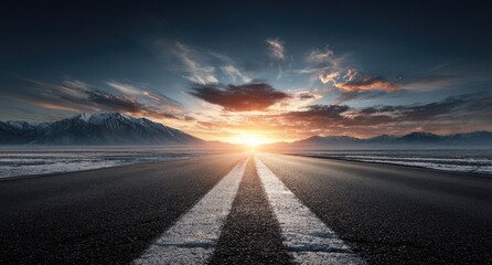 Asphalt road stretches into a dramatic sunset over snow-capped mountains