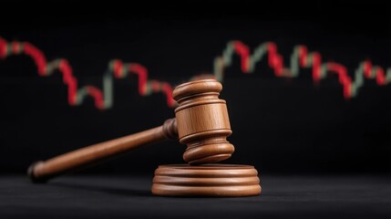 Wooden Gavel Positioned on a Black Surface with Abstract Backdrop of Financial Data Chart for Legal and Business Themes