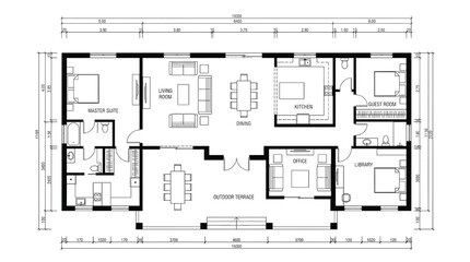 Modern home floor plan with master suite and office space