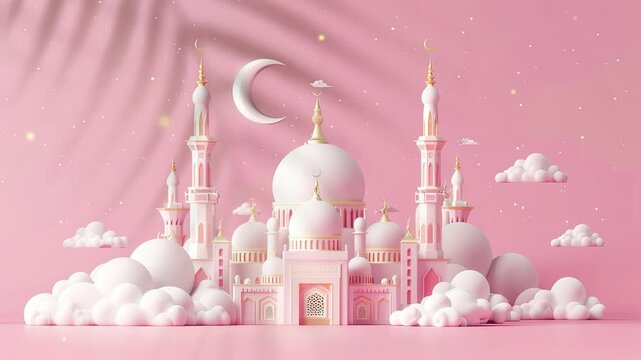 Vector Islamic Ramadan greeting background with cute 3D mosque and pink Islamic crescent moon studded with stars in warm Ramadan Kareem atmosphere.
