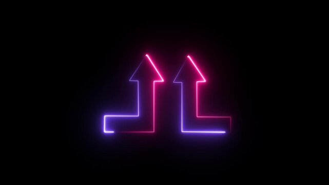 Two Neon Arrows Pointing Upward in a Split Neon Path, Abstract Technology Concept, Glowing Blue and Pink Light on Black Background