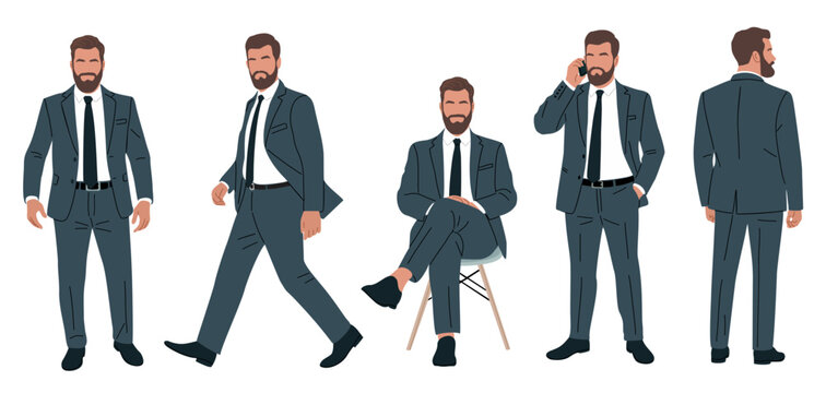 Set of a stylish bearded businessman in a formal suit shown in different poses, standing, walking, sitting, talking on phone, and rear view. Flat vector illustration isolated on transparent background