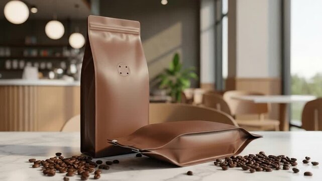 Coffee bean packaging product shot on marble table with cafe backdrop