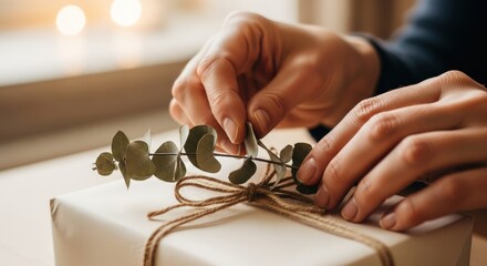 Obraz premium Close-up of hands decorating a gift with eucalyptus on a white background