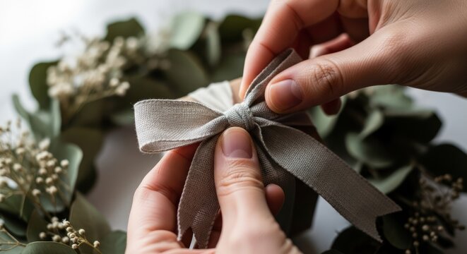 Close-up of hands tying a gray ribbon on a wreath with green leaves and small white flowers in the