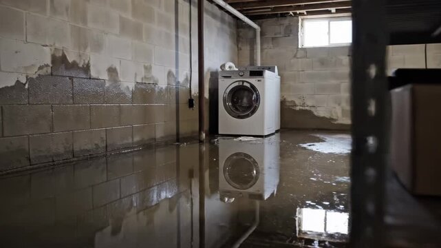Residential Basement Flooded with Standing Water after Heavy Rain Storm, Home Damage and Restoration Concept 4k video