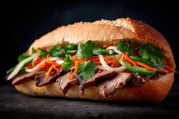 A vibrant, fresh sandwich filled with roasted meat, pickled veggies, and cilantro