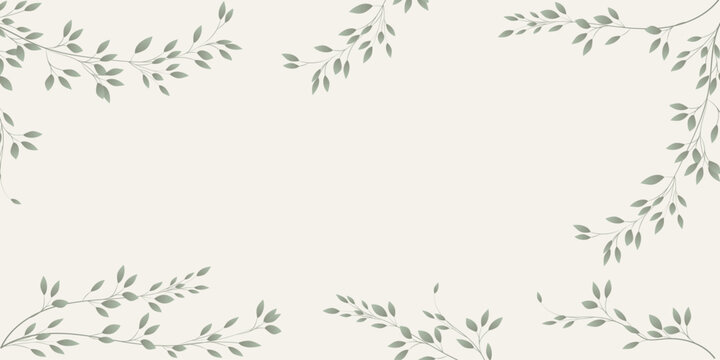 Elegant minimalist botanical background with soft green branches and leaves on a warm light background. Airy natural frame with copy space for text, perfect for branding, invitations and wellness 