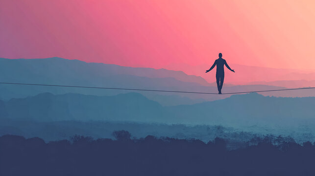 Silhouette of a person balancing on a tightrope against a vibrant sunset sky