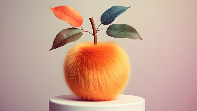 Surreal Fuzzy Orange Apple on a White Pedestal