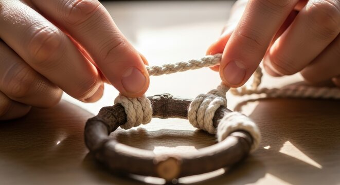 Close-up of hands threading a cord through a handmade macrame bracelet on a wooden table with