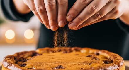 Hands sprinkling cinnamon on a homemade pie in a warm kitchen setting.