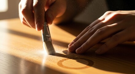 Close-up of hands using a utility knife on a wooden surface with natural lighting.