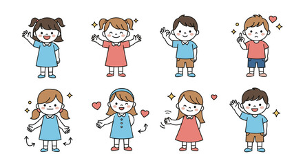 Obraz premium Set of cute little children in various poses expressing different emotions like happiness love and success through hand gestures.