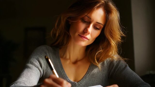 Captivating Moments of Reflection: A Woman Engaged in Thoughtful Writing in a Softly Lit Room, Emphasizing Creativity and Inspiration Through Handwritten Expression and A Calm Atmosphere.