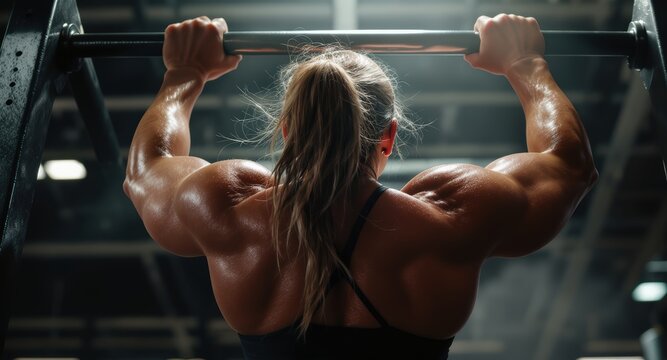 Strong Female Athlete Lifting Barbell in Gym with Muscular Back and Focused Expression