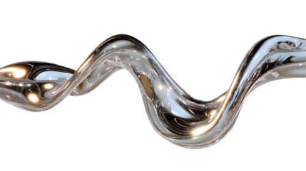 A flowing ribbon of liquid silver in zero gravity fluid dynamics concept with a smooth shiny wavy metallic surface reflecting light with science